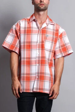 Western Casual Plaid Short Sleeve Button Up Shirt (White/Orange)