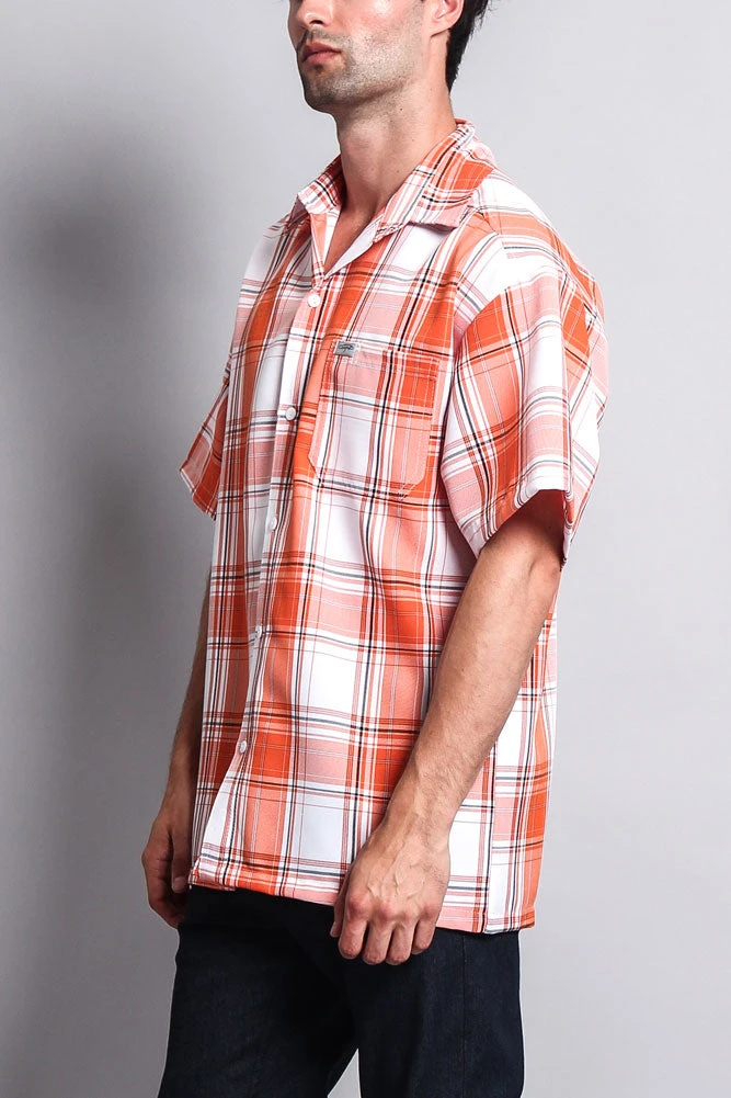 Western Casual Plaid Short Sleeve Button Up Shirt (White/Orange) - Image 3