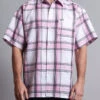 Western Casual Plaid Short Sleeve Button Up Shirt (White/Pink)