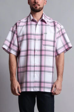 Western Casual Plaid Short Sleeve Button Up Shirt (White/Pink)