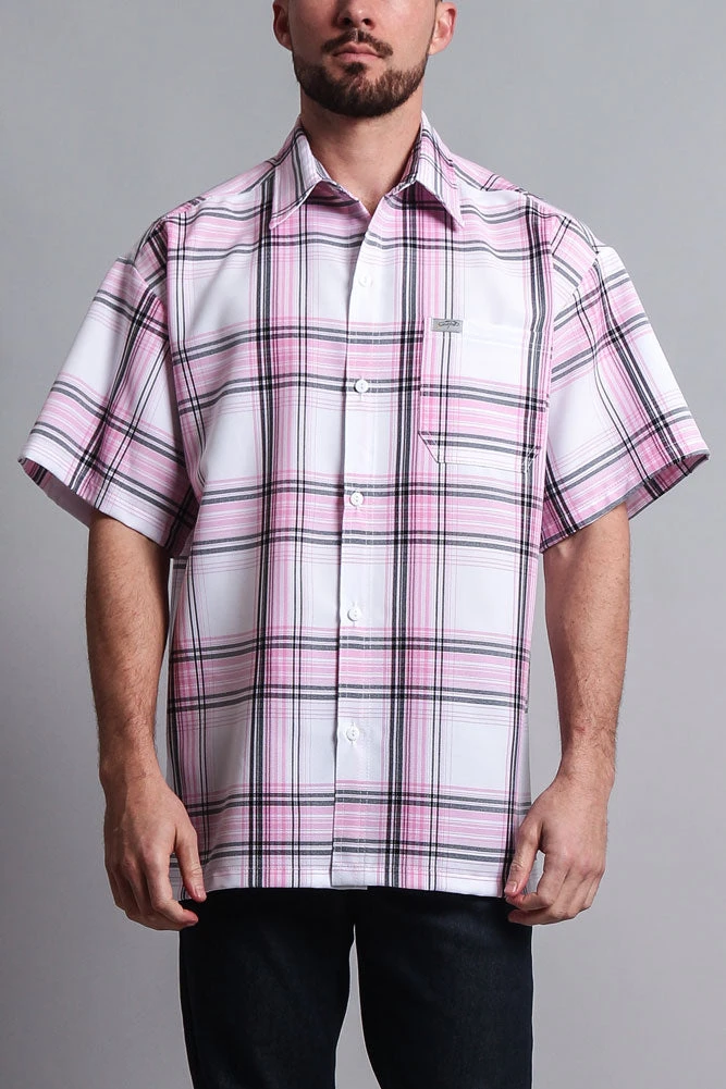 Western Casual Plaid Short Sleeve Button Up Shirt (White/Pink)
