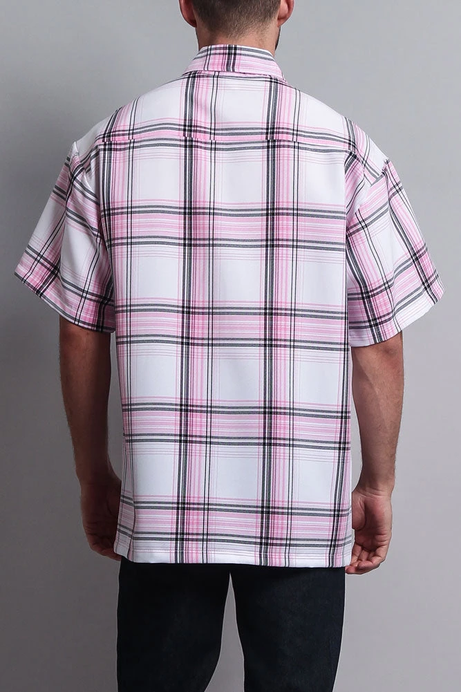 Western Casual Plaid Short Sleeve Button Up Shirt (White/Pink) - Image 4