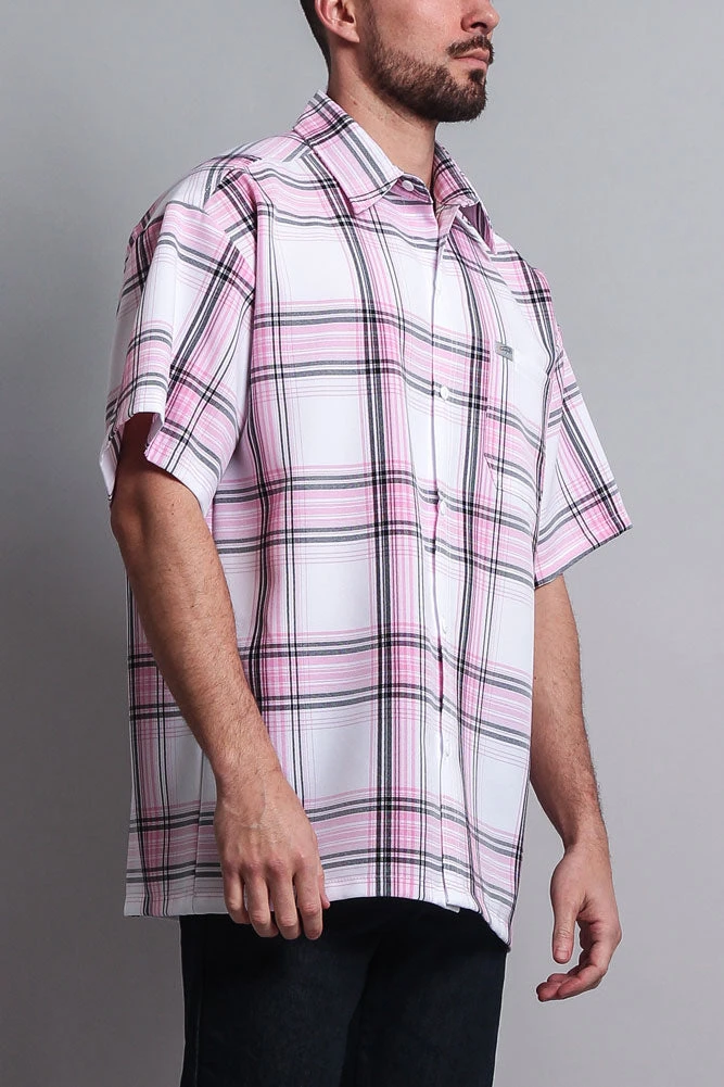 Western Casual Plaid Short Sleeve Button Up Shirt (White/Pink) - Image 5