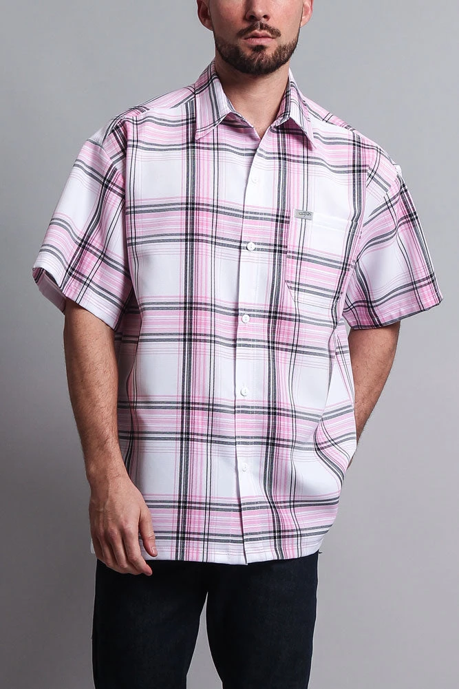 Western Casual Plaid Short Sleeve Button Up Shirt (White/Pink) - Image 2