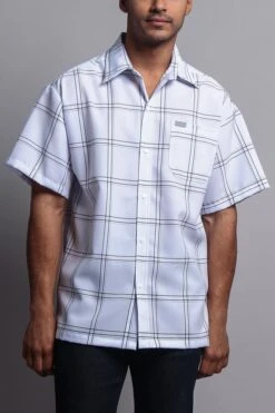 Western Casual Plaid Short Sleeve Button Up Shirt (White)
