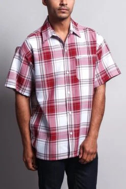Western Casual Plaid Short Sleeve Button Up Shirt (White/Red)