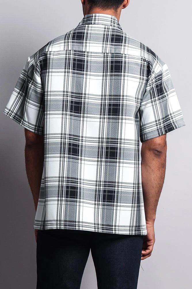 Western Casual Plaid Short Sleeve Button Up Shirt (White/Black) - Image 4