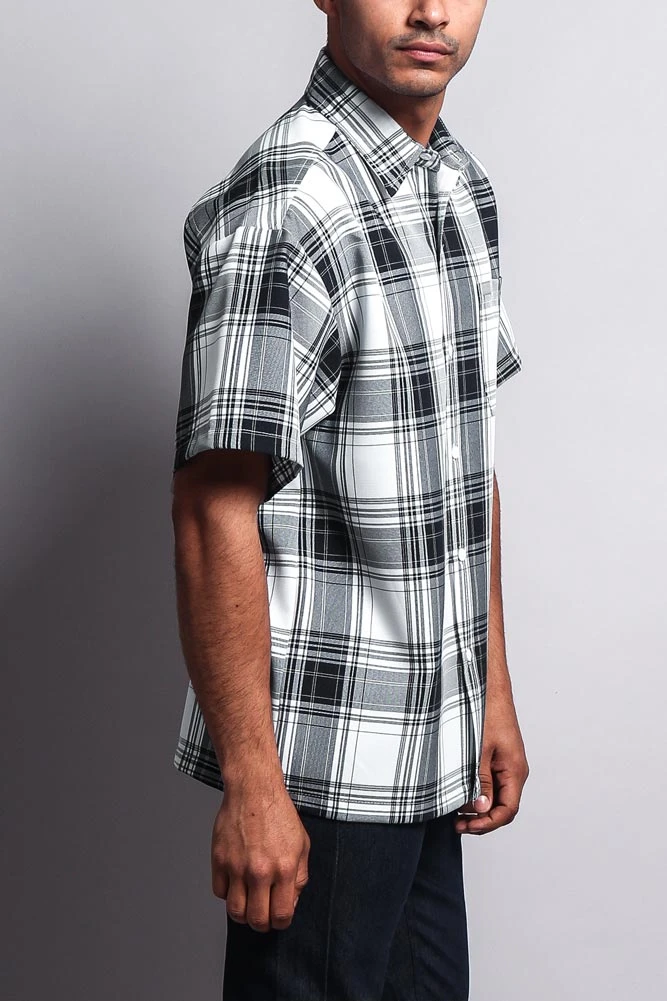 Western Casual Plaid Short Sleeve Button Up Shirt (White/Black) - Image 5