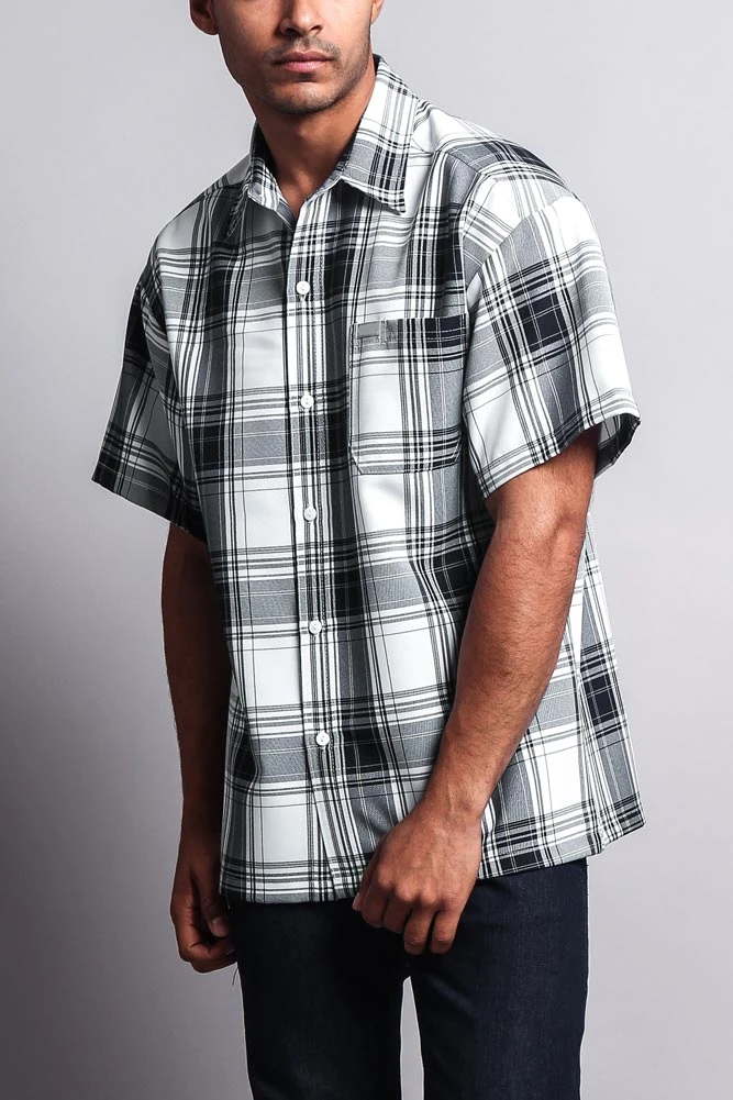 Western Casual Plaid Short Sleeve Button Up Shirt (White/Black) - Image 2